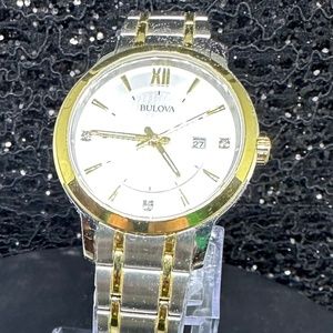 Women's (NWOT) Bulova Two-Tone Silver & Gold with Etched face, Diamonds, & Date